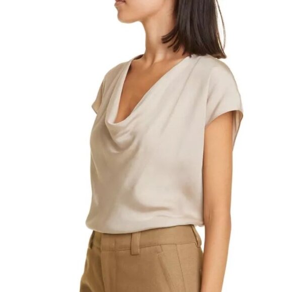 Vince Cowl Neck Cap Sleeve Blouse Short Sleeve Silk Blend Top Oat Tan Size Small - Picture 10 of 10
